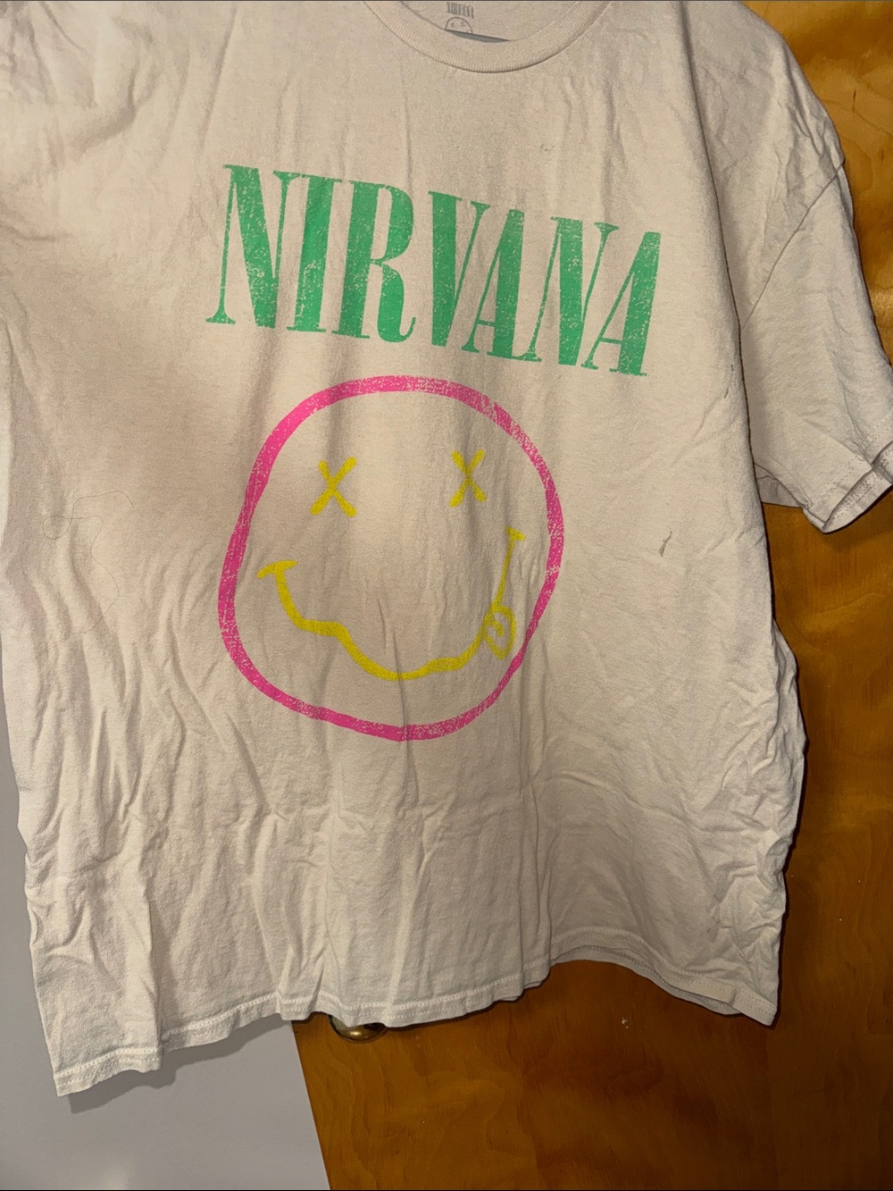 NIRVANA Cream Tee with Pink Smiley and Yellow Face Accent